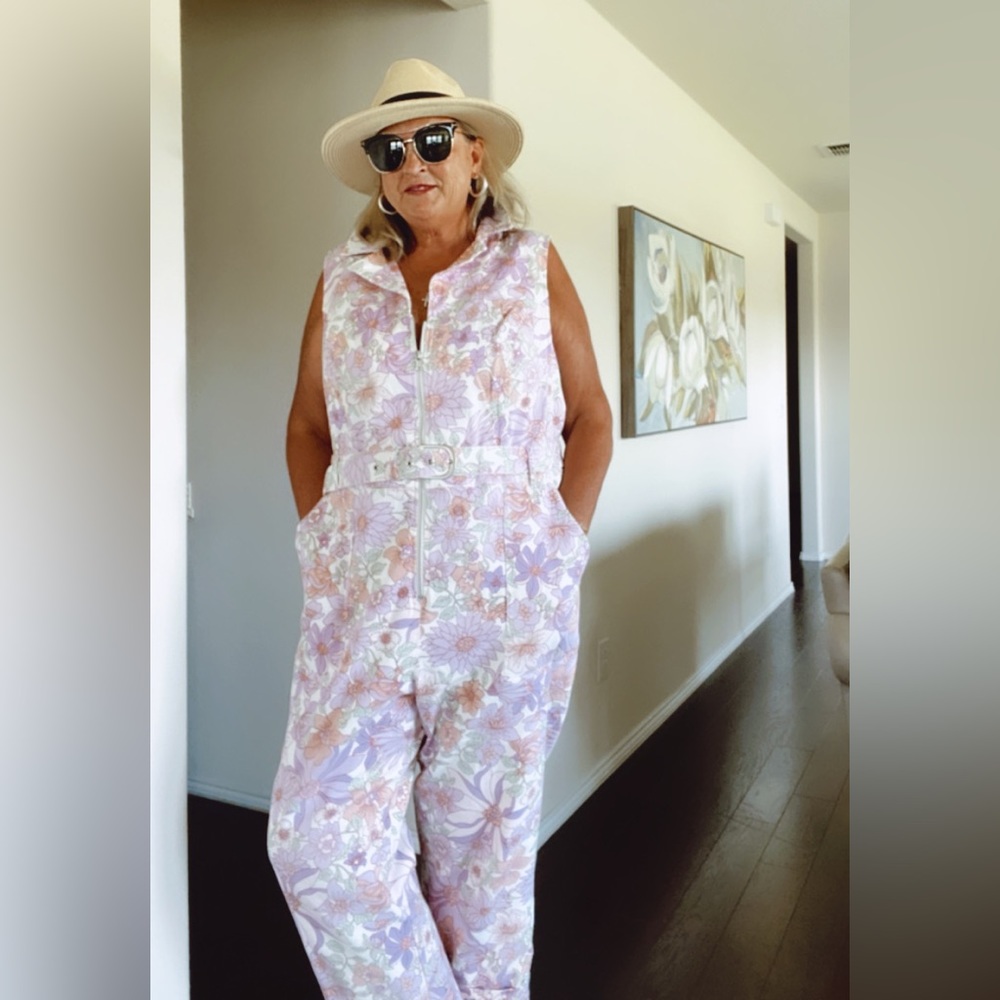 NWOT denim Floral print utility jumpsuit